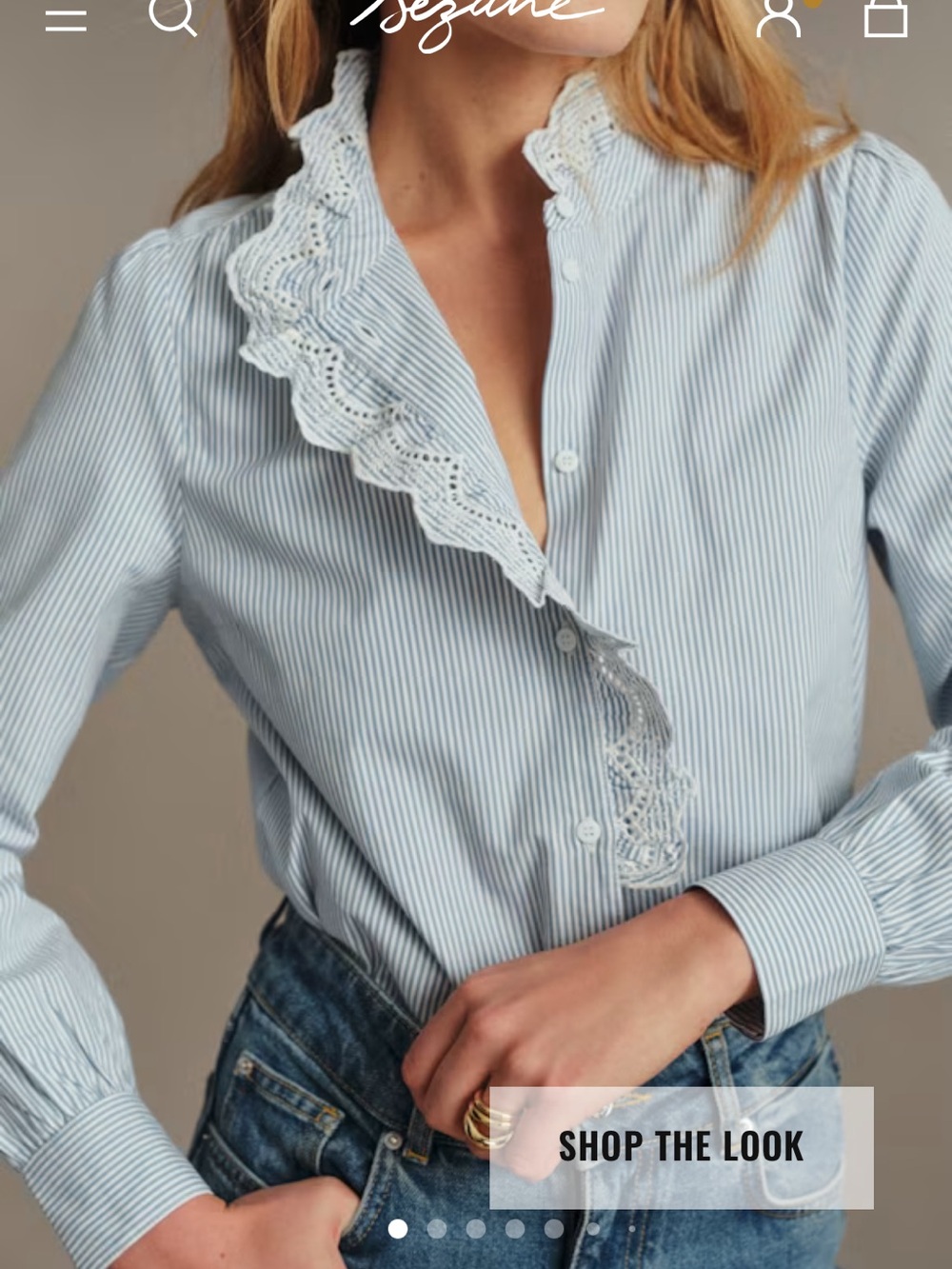 Sézane Chlo Shirt in Stripes Ecru/BlueLace Trimmed Ruffle Collar Size 10 (42)
